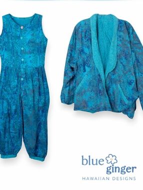 Vintage Blue Ginger Hawaiian 2 Pc Set Reversible Jacket Romper Tropical Retro